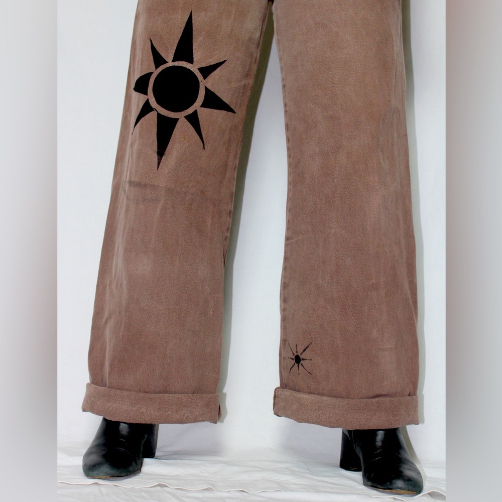 Wide Leg High Rise Brown Jeans with black sun design